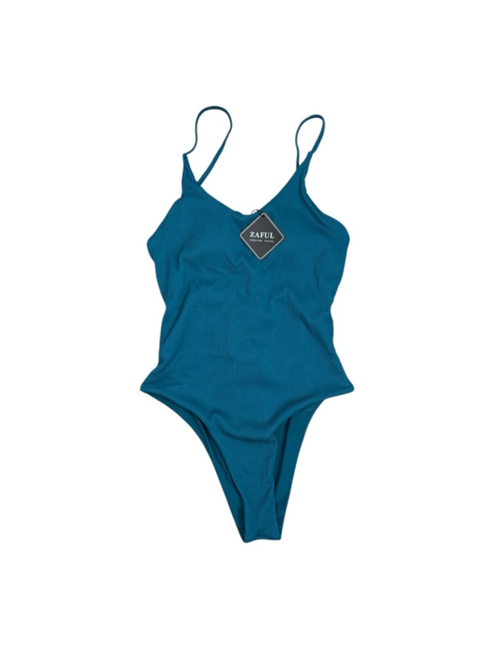 Zaful Ribbed Teal One Piece Swimsuit Lace Up Back Slimming Fit Size L NWT - Picture 4 of 6